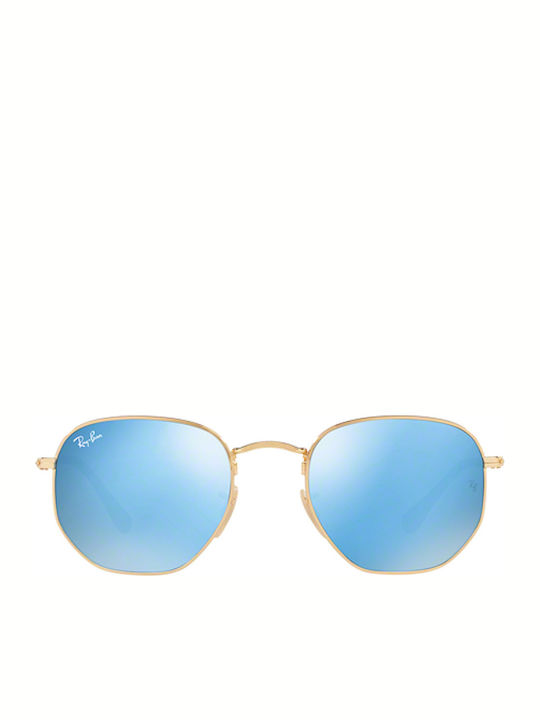 Ray Ban Hexagonal Sunglasses with Gold Metal Frame and Light Blue Mirrored Lenses RB3548N 001/9O