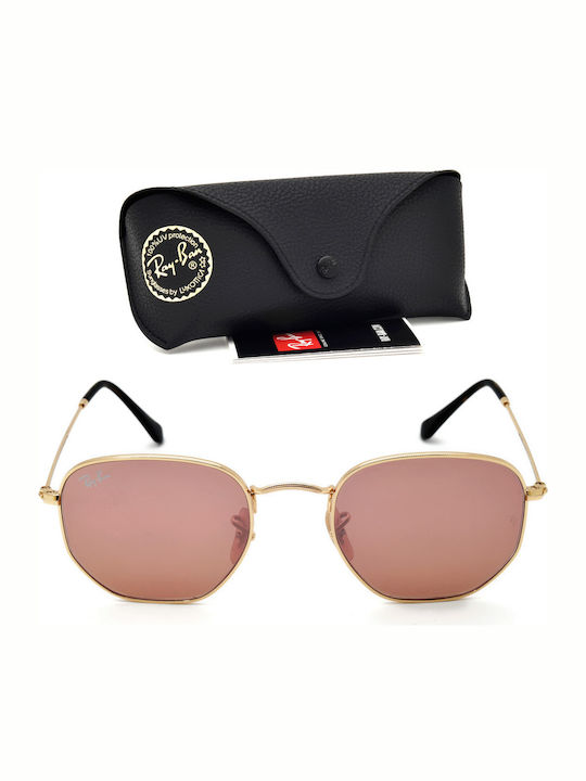 Ray Ban Hexagonal Unisex Sonnenbrille mit Gold Metall Gestell und Rosa Spiegel Linse RB3548N 001/Z2