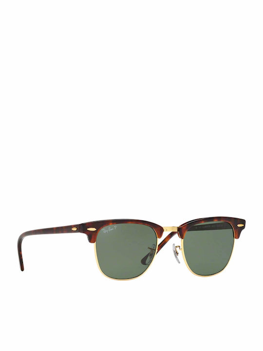 Ray Ban Clubmaster Unisex Sunglasses with Brown Tartaruga Plastic Frame and Green Polarized Lens RB3016 990/58