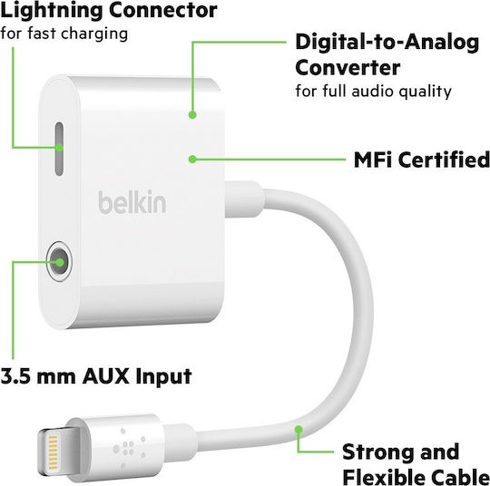 Belkin Μετατροπέας Lightning male σε 3.5mm / Lightning female Λευκό 1τμχ F8J212btWHT