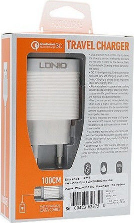 Ldnio Φορτιστής με Θύρα USB-A και Καλώδιο USB-C 18W Quick Charge 3.0 Λευκός (A303Q)