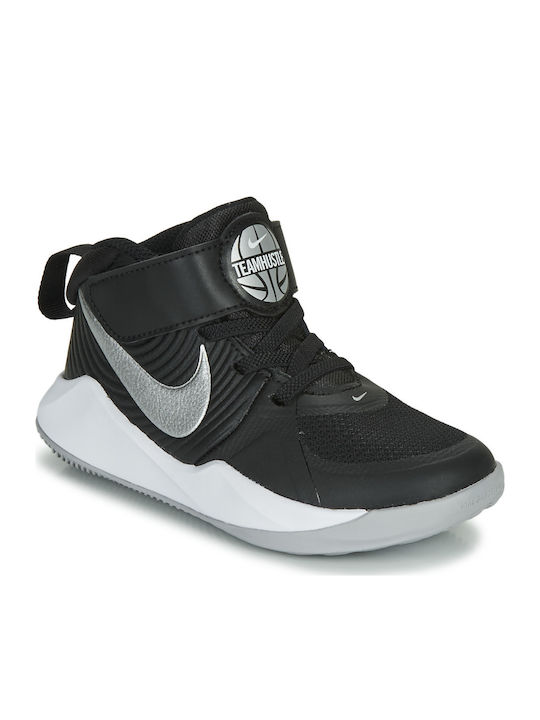 Hustle Team Hustle 9 Kids Sports Shoes Basketball with Hoop & Loop Closure Black / Metallic Silver