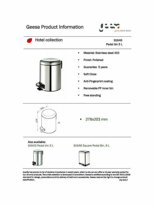 Geesa Standard 645 Soft Close Inox Toilet Bin with Soft Close Lid 5lt Silver