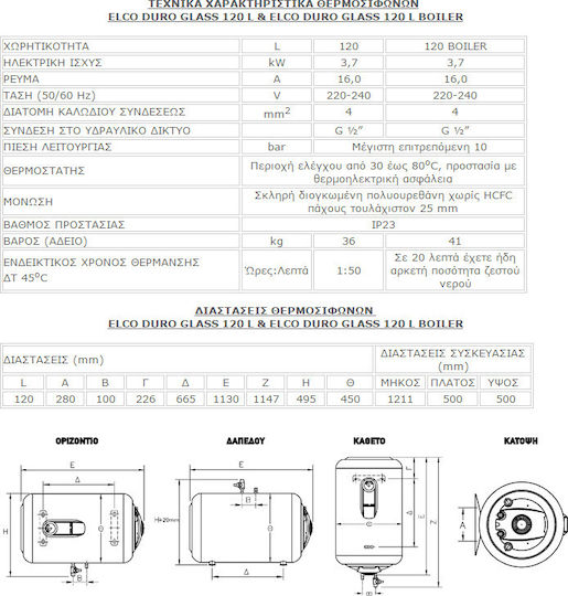 Elco Duro Glass Θερμοσίφωνας 120lt Glass Δαπέδου 3.7kW