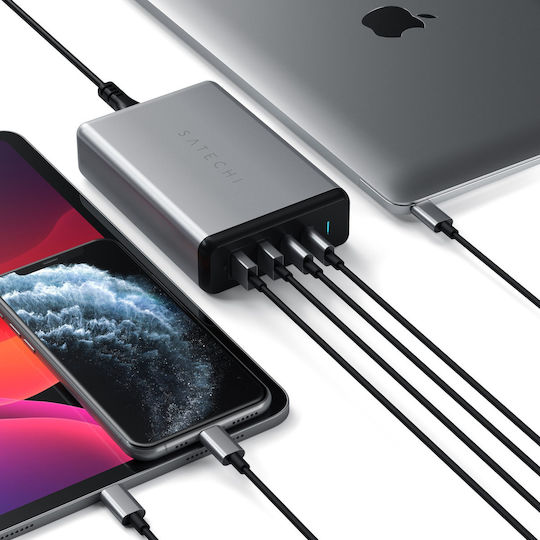 Satechi Charging Stand with 2 USB-A Ports and 2 USB-C Ports 90W Power Delivery in Gray color (ST-TC108WM)