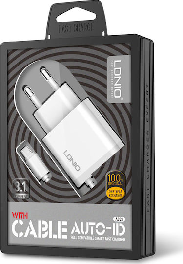 Ldnio Φορτιστής με 2 Θύρες USB-A και Καλώδιο Lightning 15.5W Λευκός (A321)