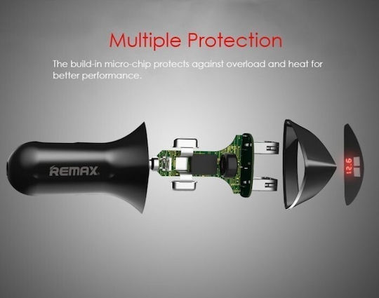 Remax RCC-208 Φορτιστής Αυτοκινήτου 3.4A με Θύρες: 2xUSB και Βολτόμετρο Μαύρο Χρώμα