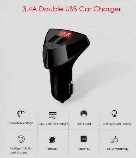 Remax RCC-208 Φορτιστής Αυτοκινήτου 3.4A με Θύρες: 2xUSB και Βολτόμετρο Μαύρο Χρώμα
