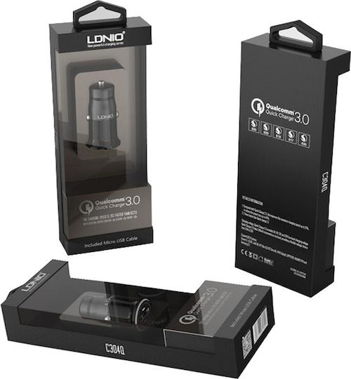 Ldnio C304Q Car Charger 3A Fast Charging with one Port: 1xUSB with Cable Lightning Black Color