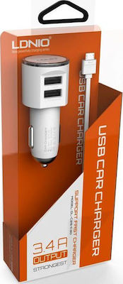 Ldnio Car Charger White DL-C29 Total Intensity 3.4A with Ports: 2xUSB with Cable Micro-USB