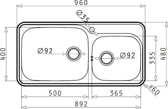 Pyramis Space Plus 2B 108716401 Drop-In Sink Left Inox Satin W96xD48cm Silver