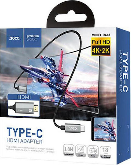 Hoco UA13 Braided Cable HDMI male - USB-C male 1.8m Μαύρο