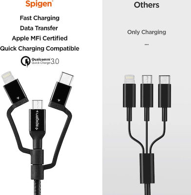 Spigen C10i3 3-in-1 Cable Geflochten USB zu Blitzschlag / Typ-C / Micro-USB Kabel 3A Schwarz 1.5m (000CB22774)