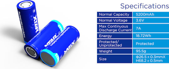XTAR Επαναφορτιζόμενη Μπαταρία 26650 Li-ion 5200mAh 3.7V 1τμχ