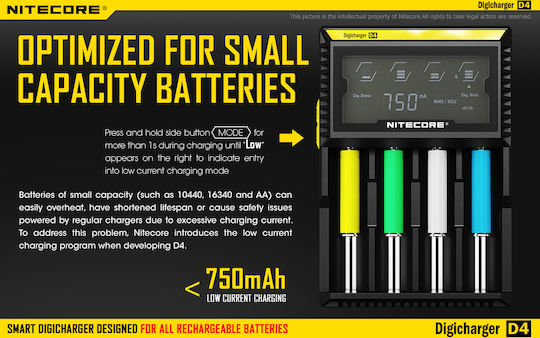 NiteCore D4 Φορτιστής 4 Μπαταριών Ni-MH/Ni-Cd/Li-ion Μεγέθους AA/AAA/18650