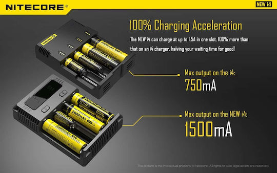 NiteCore IntelliCharger New i4 4 Batteries Ni-MH/Li-ion Size AA/AAA/D/18650/21700/16340/26650/14500