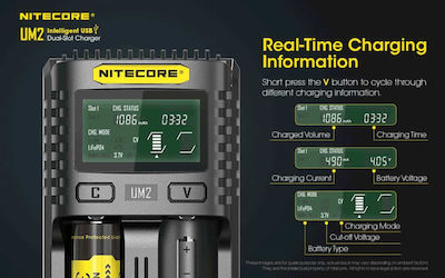 NiteCore UM2 USB Charger 2 Batteries Li-ion/Ni-Cd/Ni-MH Size AA/AAA/D/18650/16340/26650/14500