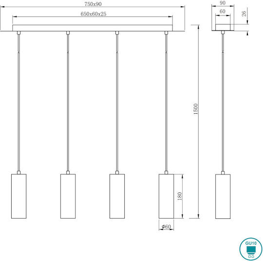 Trio Lighting Marley Pendant Light Black Rail for 4 Bulbs GU10 75x9cm