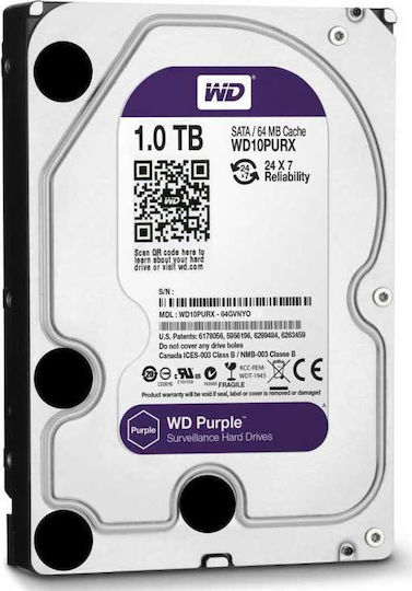 Western Digital Purple 1TB HDD Hard Drive 3.5" SATA III 5400rpm with 64MB Cache for Recorder WD10PURZ
