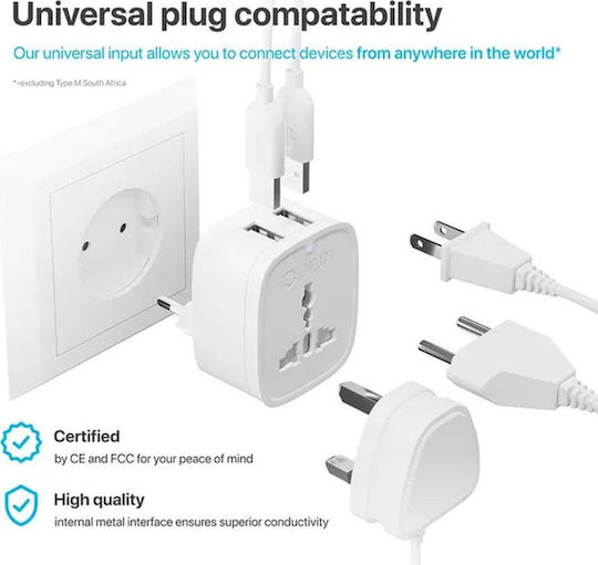 Unidapt A-2035 Αντάπτορας Πρίζας σε Ελλάδας με 2 Θύρες USB