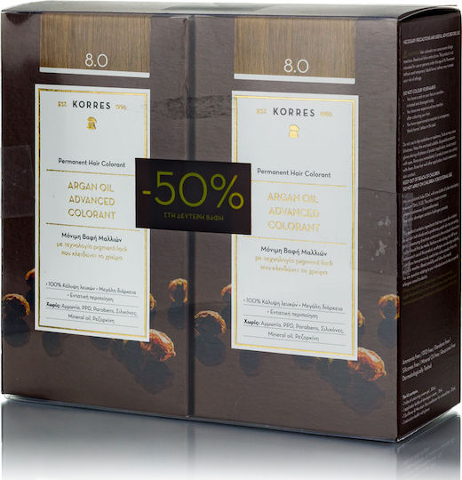 Korres Argan Oil Advanced Colorant Βαφή Μαλλιών Χωρίς Αμμωνία 8.0 Ξανθό Ανοικτό 2x50ml