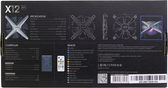 Inter-Tech Alseye X12 Kit Case Fan 120mm (1200rpm / 42.20cfm) με RGB Φωτισμό και Σύνδεση 4-Pin PWM / 3-Pin 3τμχ Γκρι