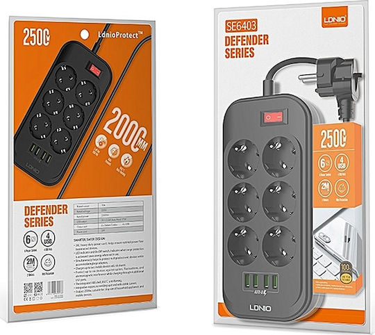 Ldnio SE6403 Power Strip with Surge Protection 6 Positions with 4 USB-A, Switch and Cable 2m
