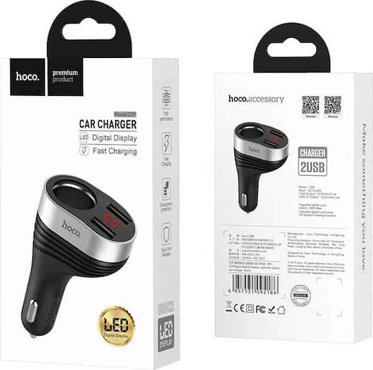 Hoco Z29 Încărcător Auto 96W 3.1A Încărcare Rapidă cu Porturi: 2xUSB 1xBrichetă Negru Culoare