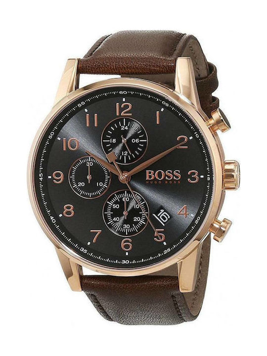 Boss Navigator Ανδρικό Ρολόι 44mm Χρονογράφος Μπαταρίας με Καφέ Δερμάτινο Λουράκι