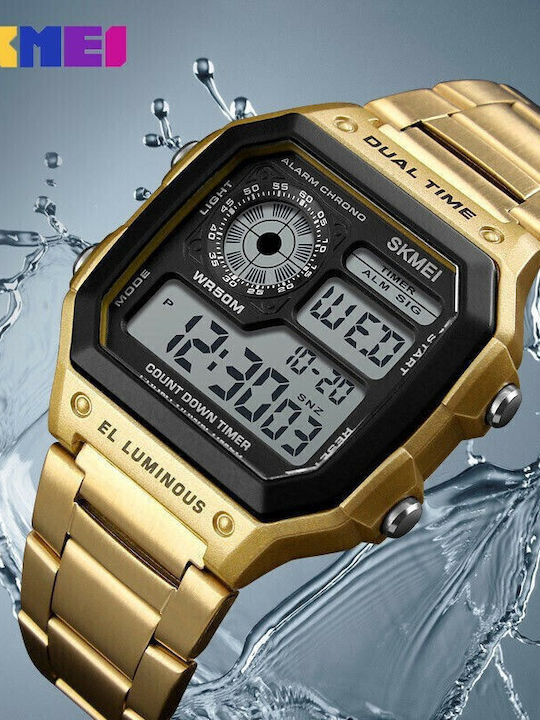 Skmei 1335 Ψηφιακό Ανδρικό Ρολόι 43mm Μπαταρίας με Χρυσό Μεταλλικό Μπρασελέ