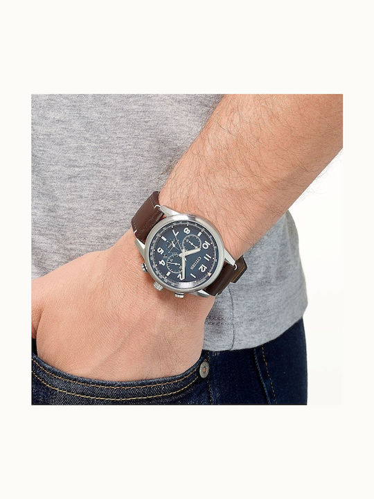 Citizen Herrenuhr 43mm Chronograph Eco - Antrieb mit Braun Kautschukarmband