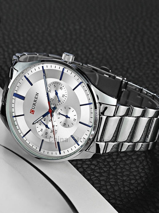 Curren Men's Watch 42mm Chronograph Battery with Silver Metal Bracelet