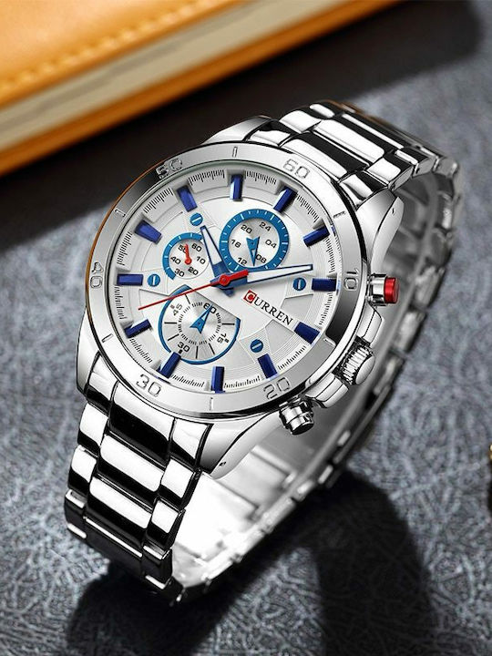 Curren Business Sports Ανδρικό Ρολόι 40mm Μπαταρίας με Μεταλλικό Μπρασελέ Ασημί/Μπλε