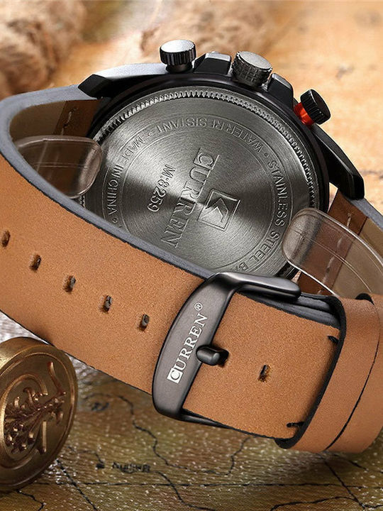 Curren Herrenuhr 46mm Chronograph Batterie mit Lederarmband Gun metal / Tabac