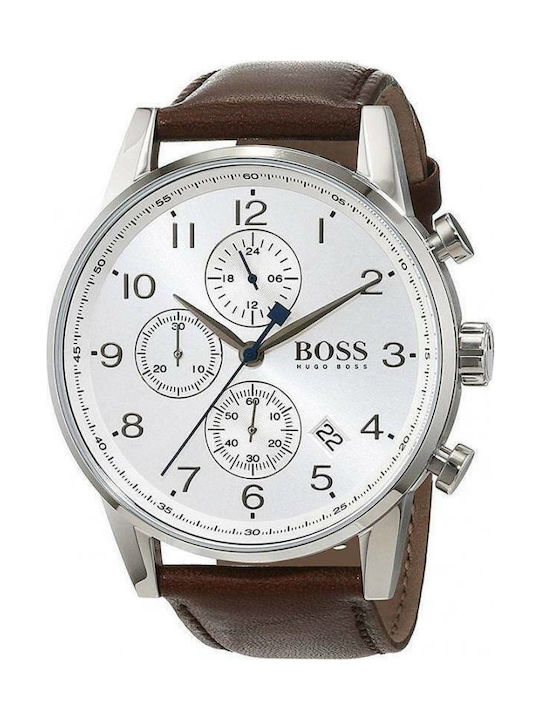 Hugo Boss Ρολόι Navigator Chrono Χρονογράφος με Δερμάτινο Λουράκι σε Καφέ χρώμα