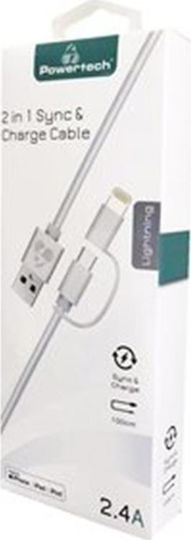 Powertech Regular USB to Lightning / micro USB Cable 2.4A Λευκό 1m (PT-707)