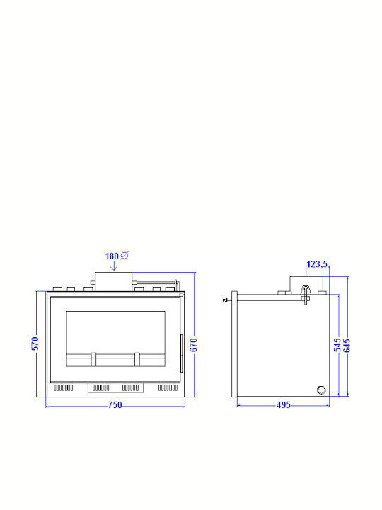 Metlor Mini Vitrus ACW/CS Șemineu cu inserție Caseta Lemn Radiator 26.6kW Drept cu o ușă care se deschide Rezervor de expansiune închis