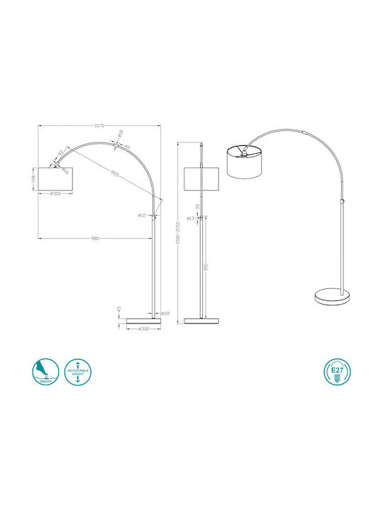 Trio Lighting Hotel Подова Лампа В215xД30см. с Цокъл за Крушка E27 Бял