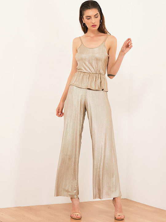 Women's Fabric Trousers with Elastic in Loose Fit Gold
