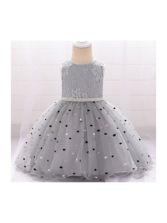 Meng Baby Kids Dress Tulle Polka Dot Sleeveless Gray