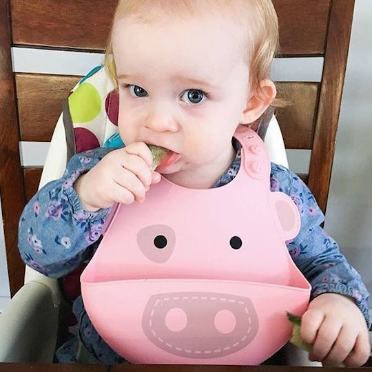 Marcus & Marcus Pokey the Piglet Waterproof Bib Silicone with Button & Pocket Pink for 6 m+