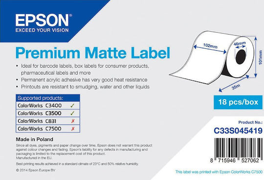 Epson Premium Matte Ταινία Ετικετογράφου 35m x 102mm σε Λευκό Χρώμα