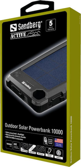 Sandberg Outdoor Solar Power Bank 10000mAh with USB-A Port and USB-C Port Black