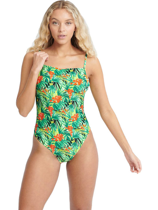 Superdry Neo Tropic Square Cut Цял Бански с Отворен Гръб Цветя Зелен