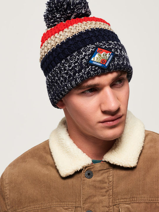 Superdry Summit Striped Pom Pom Beanie Männer Beanie mit Rippstrick Dark Navy Twist