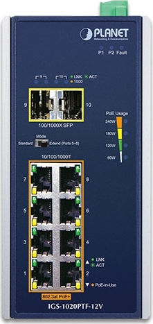 Planet IGS-1020PTF-12V Unmanaged L2 PoE+ Switch με 8 Θύρες Gigabit (1Gbps) Ethernet και 2 SFP Θύρες