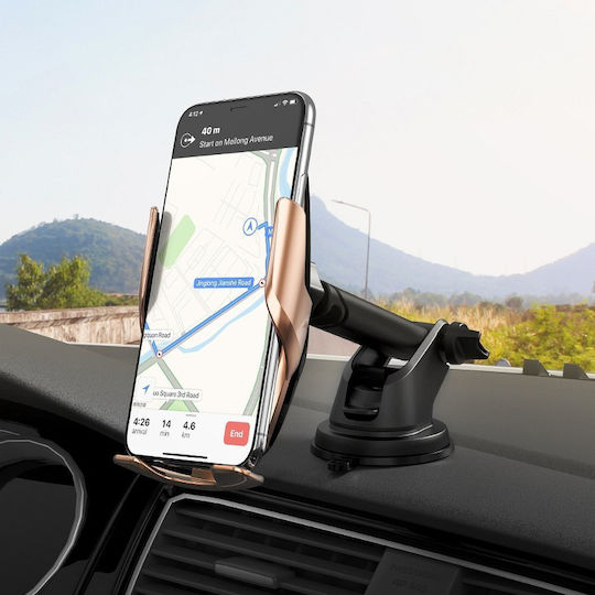 Hoco S14 Surpass Wireless Charger Car Mobile Mount with Adjustable Hooks and Wireless Charging Gold