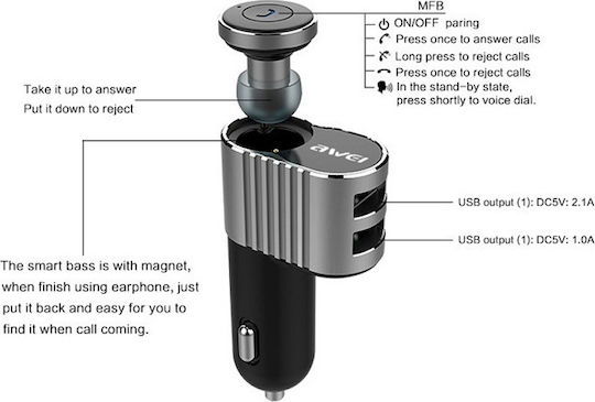 Awei Încărcător Auto Gri A871BL de Intensitate Totală 2.1A cu Porturi: 2xUSB și Căști Bluetooth