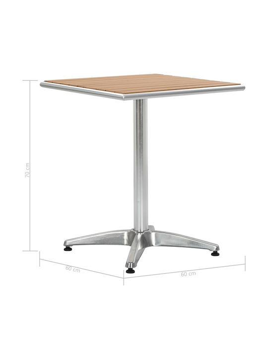 Aluminum Garden & Terrace Table with Wooden Surface Silver 60x60x70cm