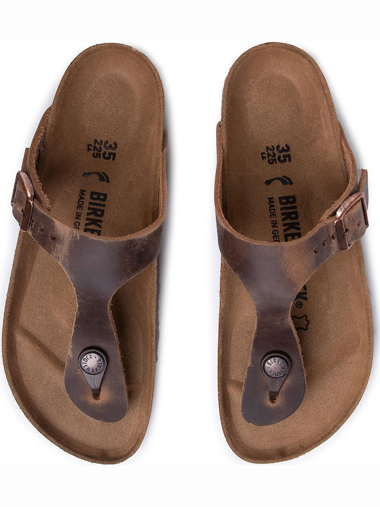 Gizeh Oiled Leather Leather Women's Flat Sandals Tobacco Brown Narrow Fit